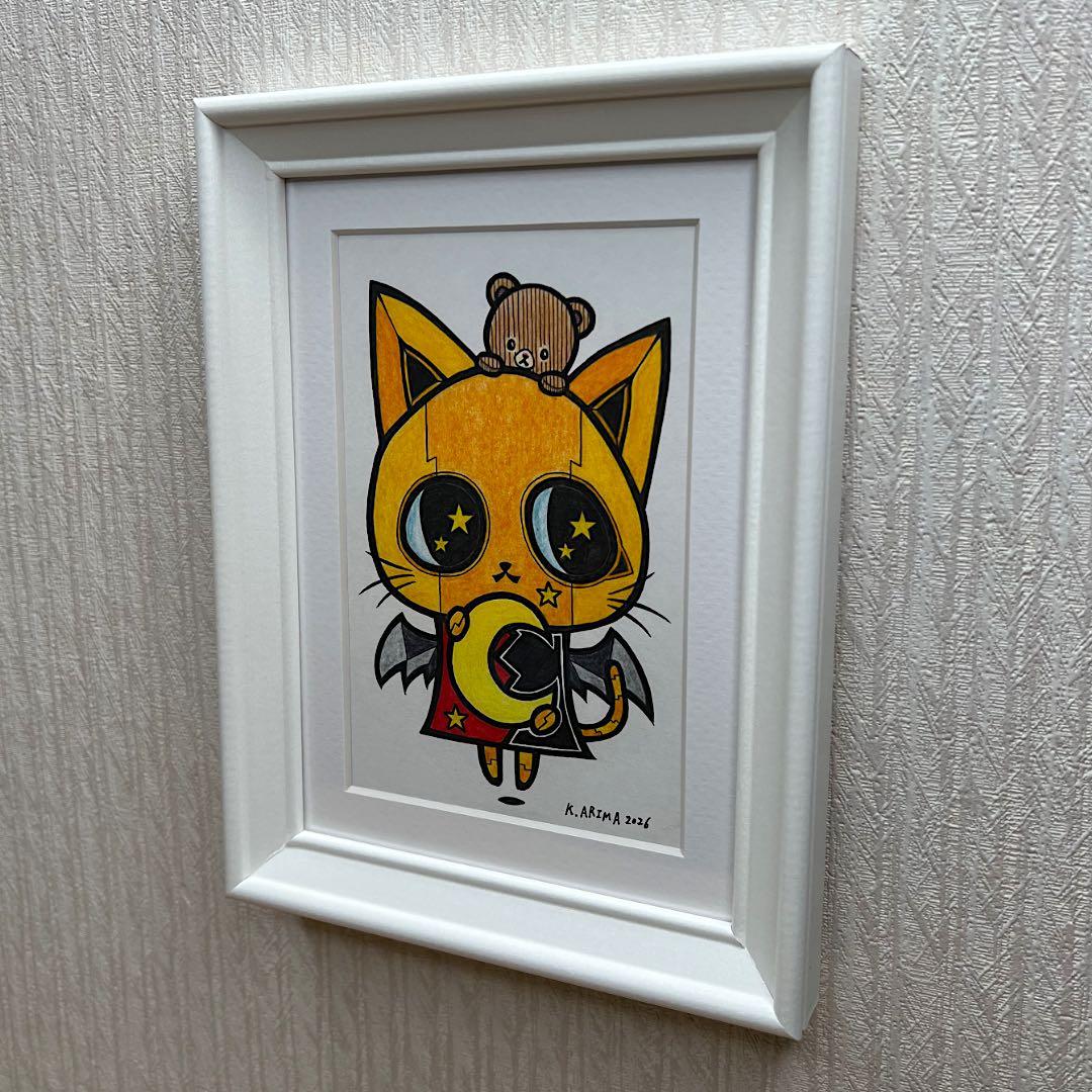 動物 原画 絵 手描き 癒し 猫 アート 一点物 額縁付『月を運ぶ猫型ロボット』