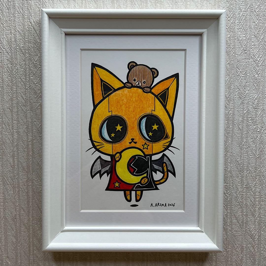 動物 原画 絵 手描き 癒し 猫 アート 一点物 額縁付『月を運ぶ猫型ロボット』