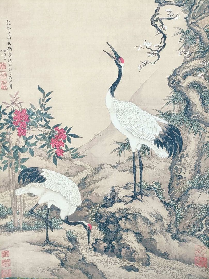 【沈铨】松梅双鹤 中国画 掛け軸 水墨画 和室 玄関 茶室 壁掛け 美術品