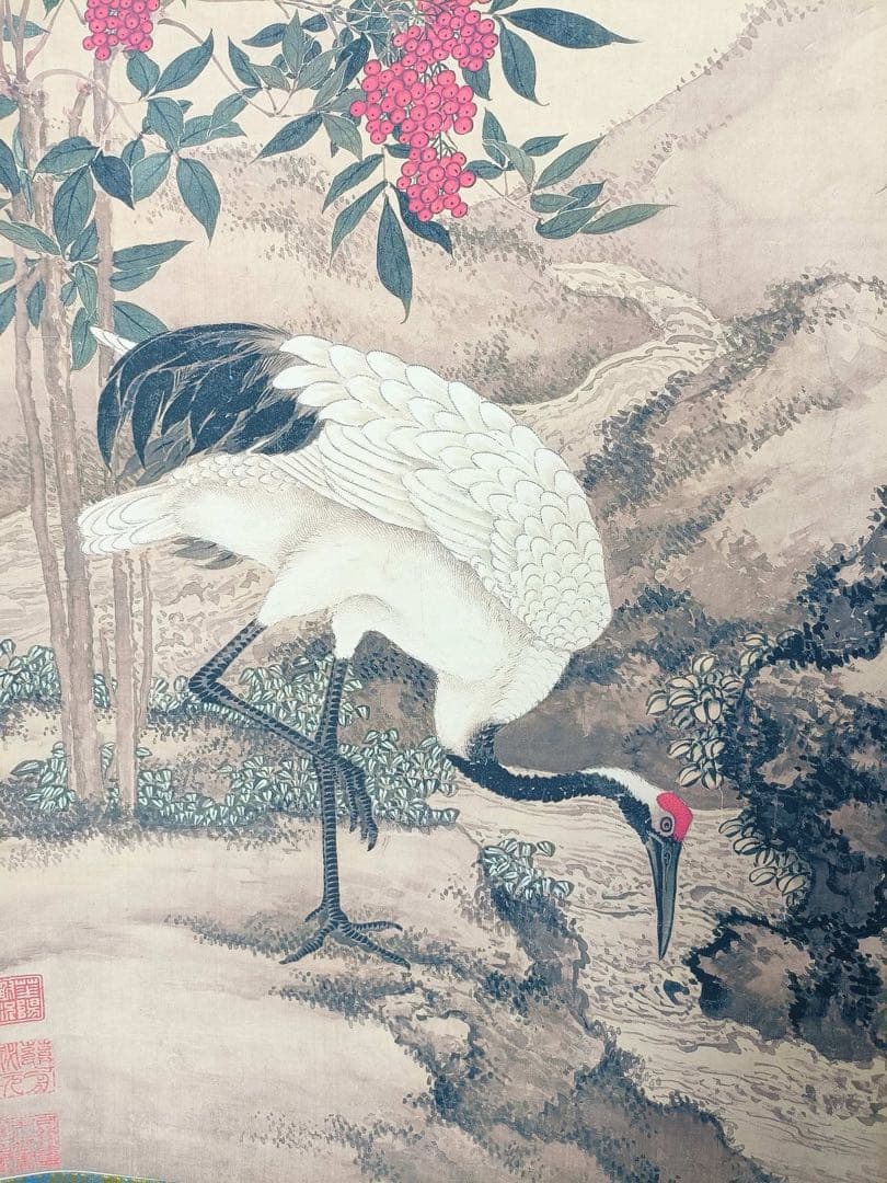 【沈铨】松梅双鹤 中国画 掛け軸 水墨画 和室 玄関 茶室 壁掛け 美術品