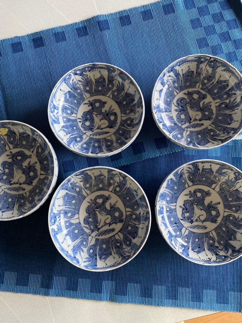 清水焼　刺身鉢　煮しめ　寿司等 うさぎとしか柄 新品未使用品　五客揃