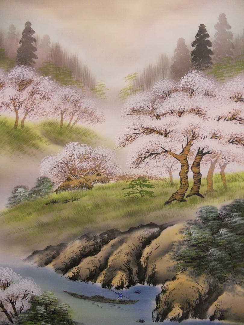 掛け軸 松泉 作『 桜花爛漫之図 』 絹本 希少 軸装 茶道具 掛軸 美品 です