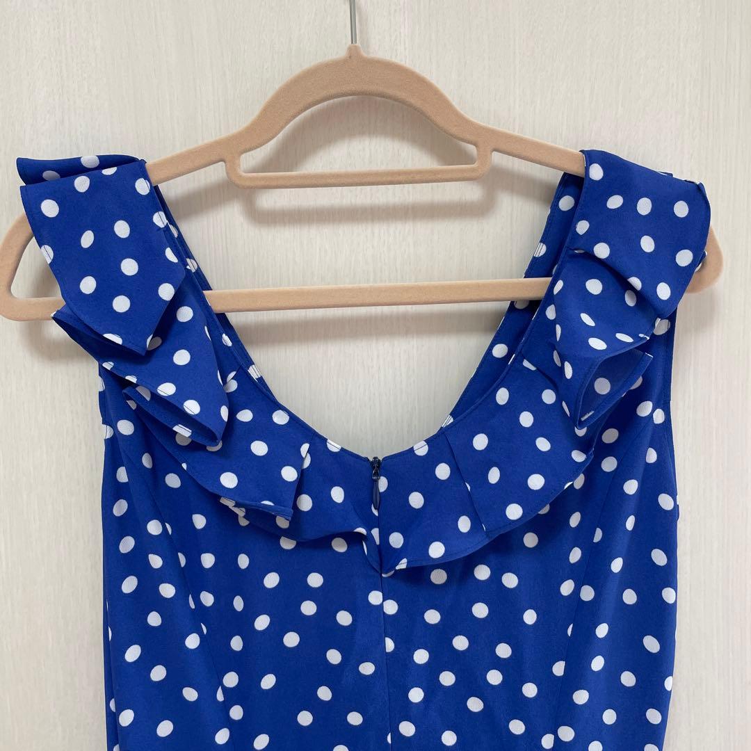 フラメンコドレスワンピース 青 水玉模様 フリル付き