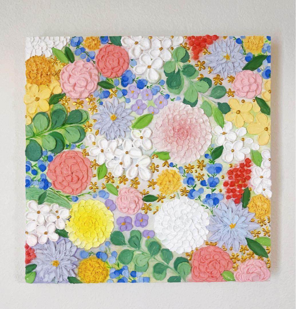 テクスチャーアート ゴールド金 絵画 花の絵 花柄 インテリア 原画　ボタニカル
