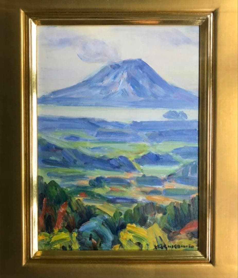 塚本張夫「桜島風景」 4号 油彩 油絵 絵画 風景画 オリジナル金彩額 木製額縁