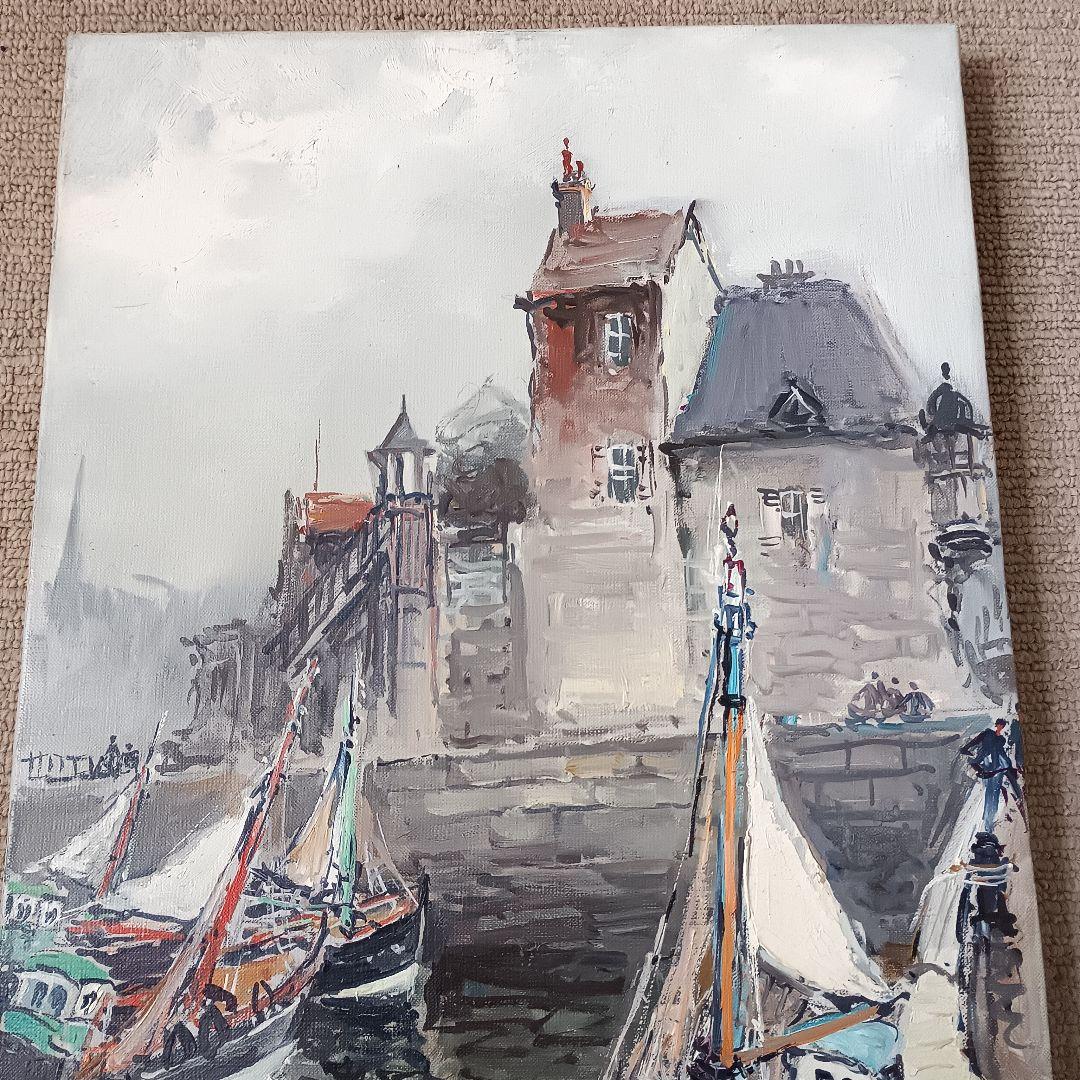フランス画家 Van Lod 油彩画 風景画 港町 サイン有 アンティーク
