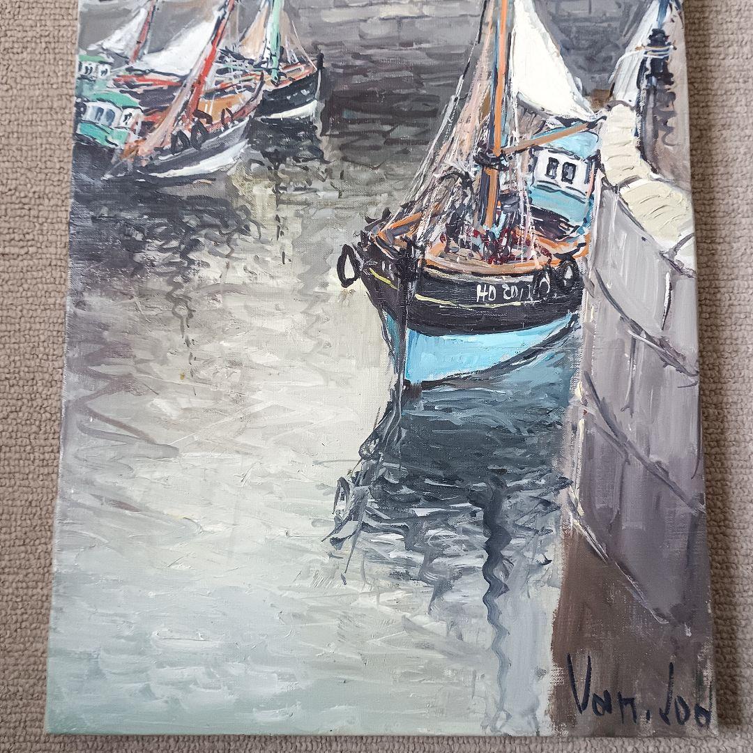 フランス画家 Van Lod 油彩画 風景画 港町 サイン有 アンティーク