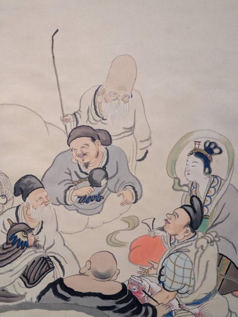 【真作】掛軸　尾竹越堂　福寿人物図　吉祥画　長寿・繁栄祈願の縁起絵　合箱入　V9