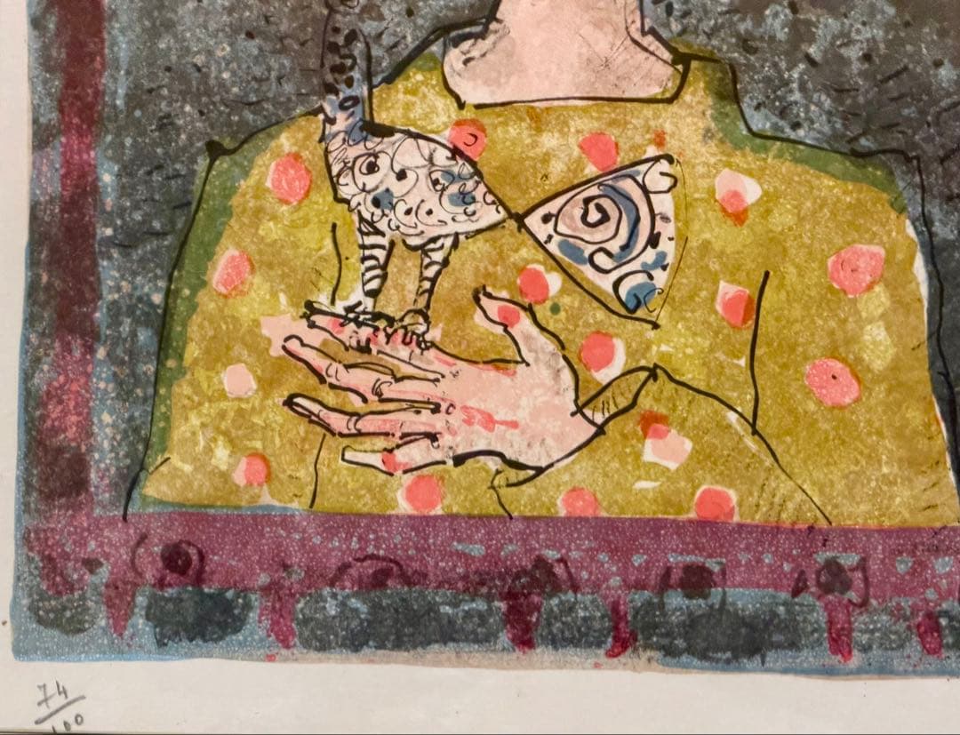 アイズピリ「鳥を抱く少年」リトグラフ 額装 人物画 フランス作家 #276