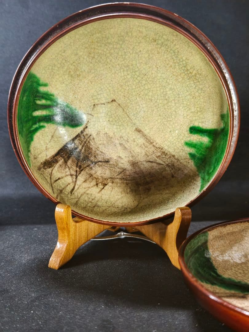 古鉢 豊楽焼 江戸時代 豊木 蒔絵 織部釉富士山図 桐箱 古美術 骨董品美品