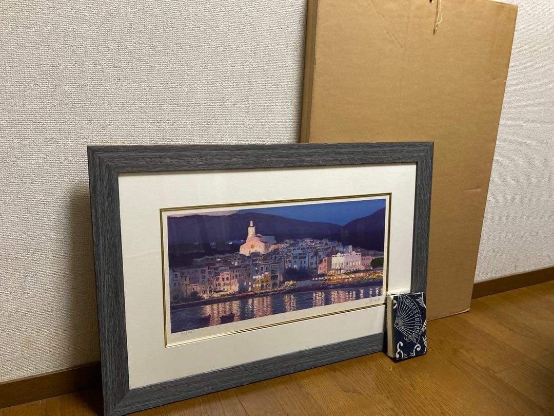 リトグラフ 風景画【フランシスコ・ボッシュ】 「教会の見える夜景」額装 挿し箱有