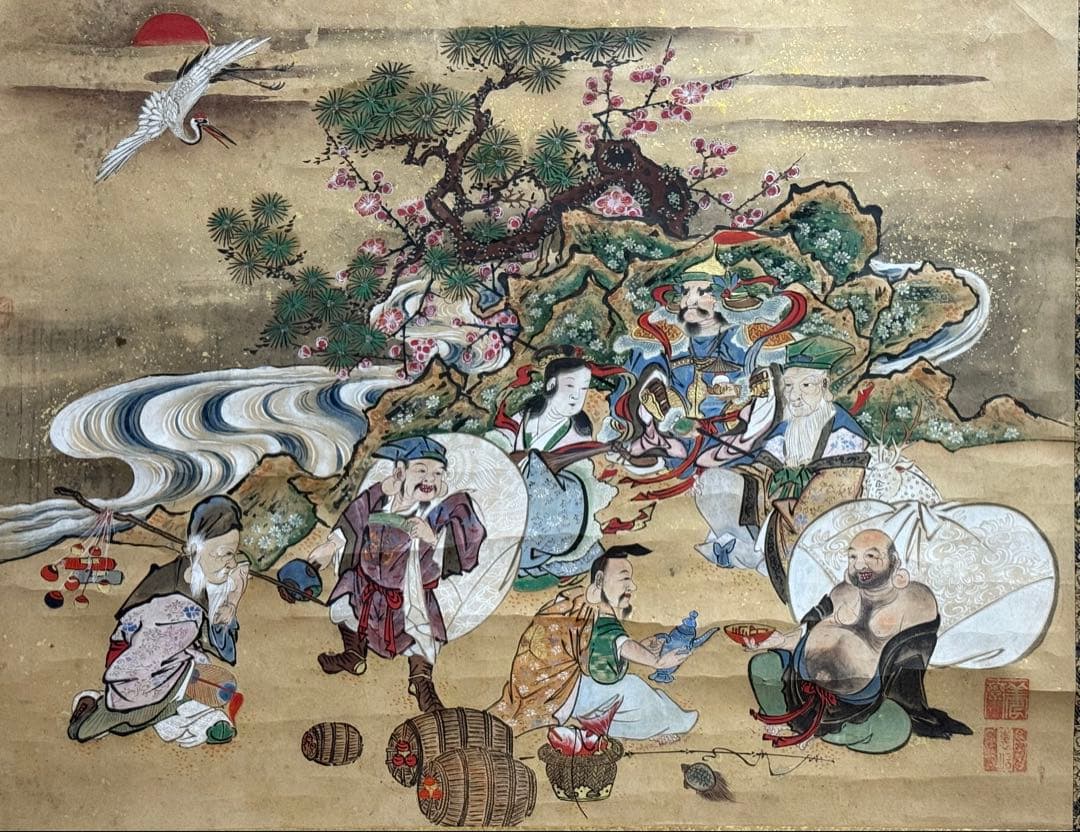 時代　七福神　版画　年画　掛軸　送料込み250824