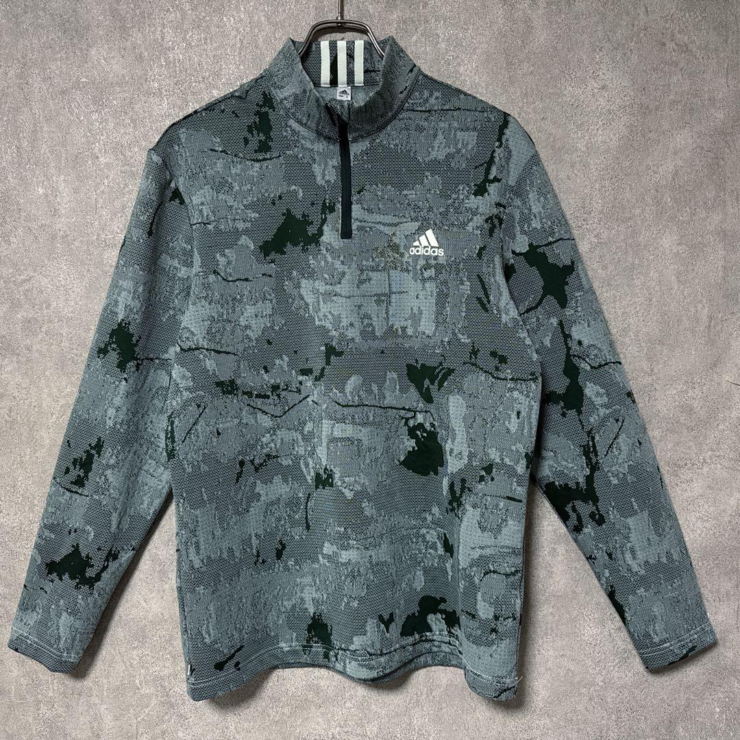 adidas アディダス 総柄 ハーフジップ シャツ ロゴ 長袖 グリーン系 M