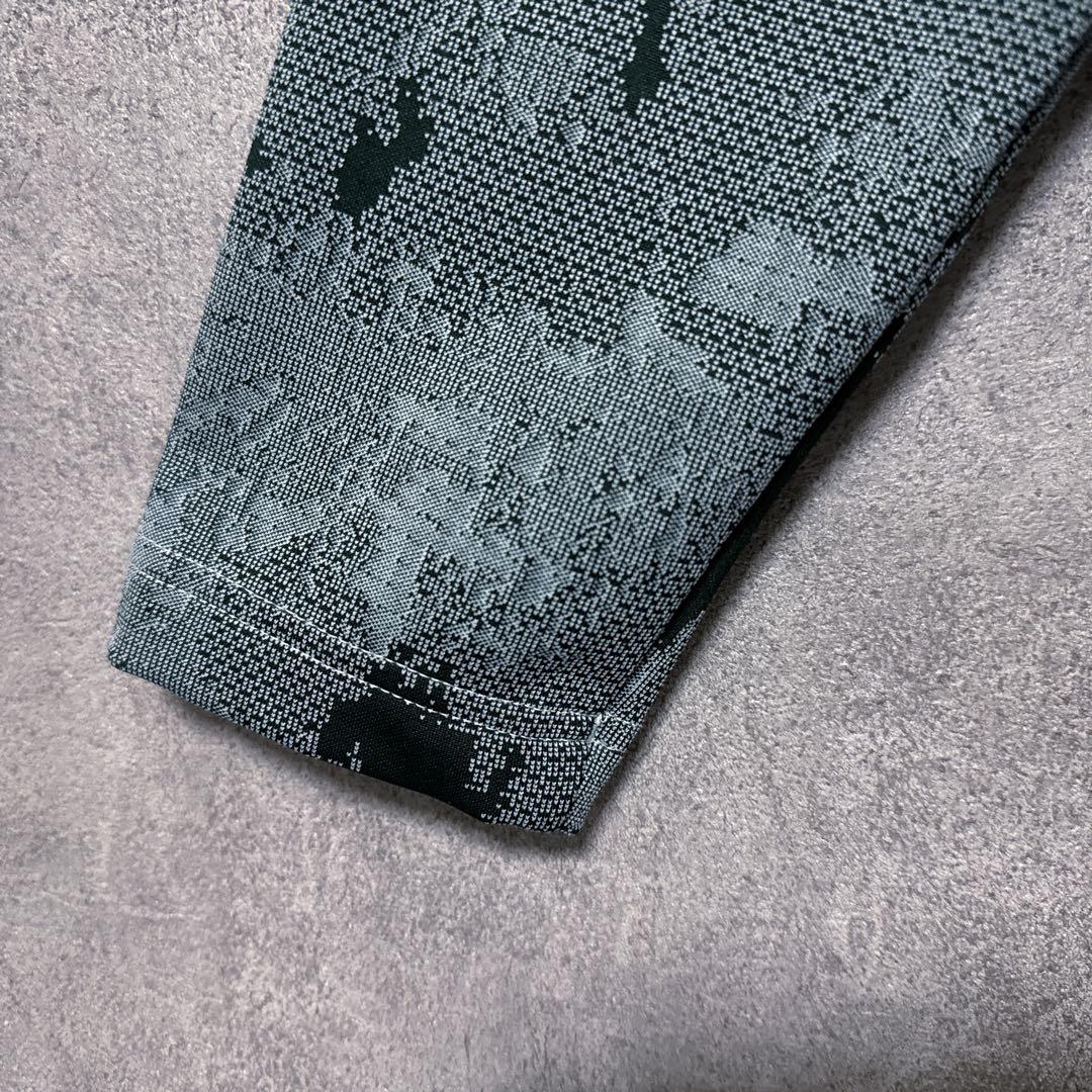 adidas アディダス 総柄 ハーフジップ シャツ ロゴ 長袖 グリーン系 M