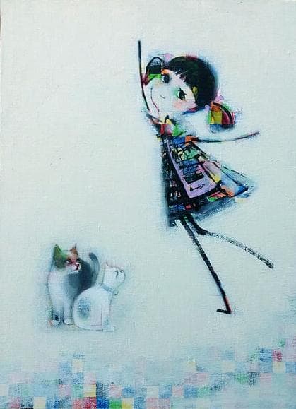 油絵 菅家令子絵 絵画インテリア額付(青緑＋金色の枠)F4-030419猫女の子