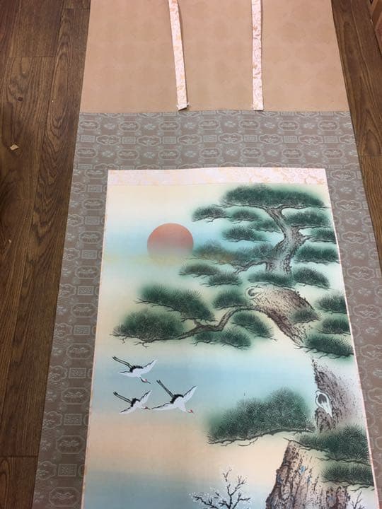 迎春　手描き肉筆画　国広作　日の出鶴に松竹梅