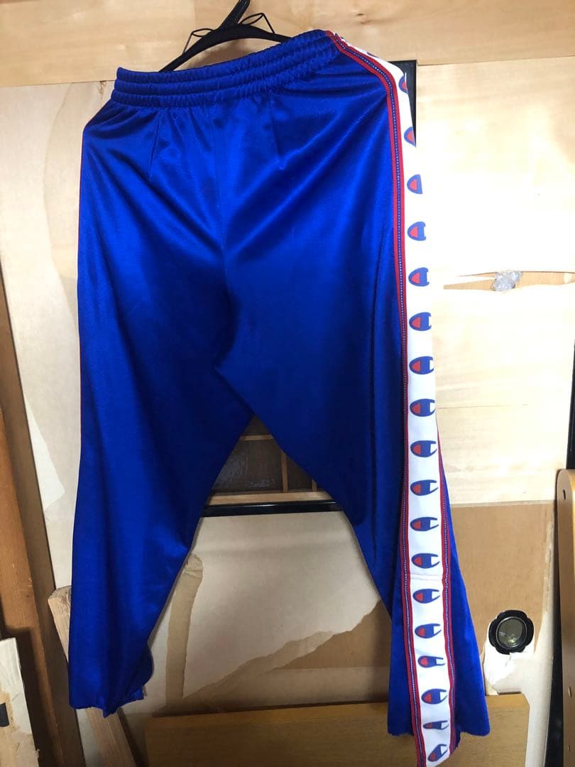 champion ブルー　トラックパンツ　vetements 風　加工 サイズm