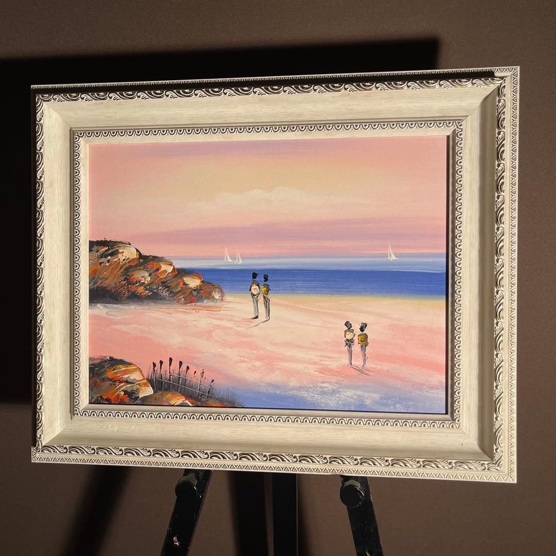 手描き油絵 夕暮れの海岸 額付 肉筆絵画 インテリア 油彩画