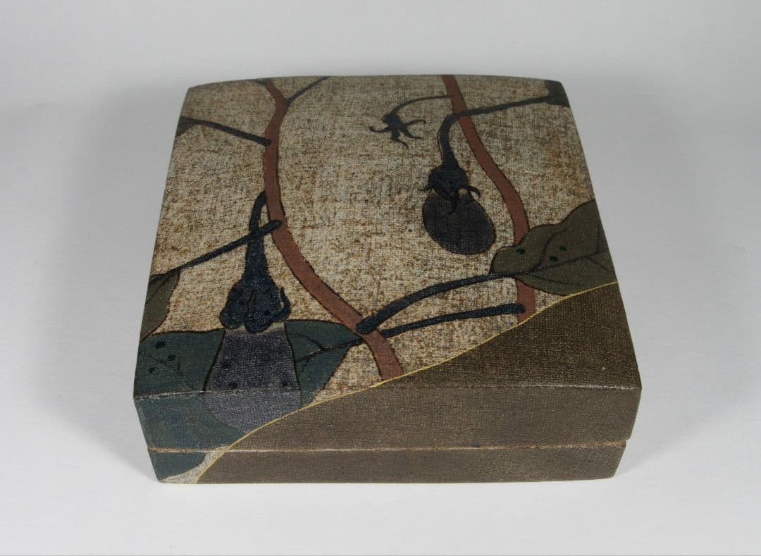 【伊藤東彦】（師）藤本能道！松井康成！。布目茄子文陶箱（共箱、共布、栞コピー）。