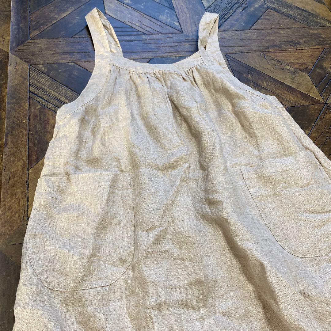 リネン綿麻ベージュチュニックワンピースエプロンフリーサイズ