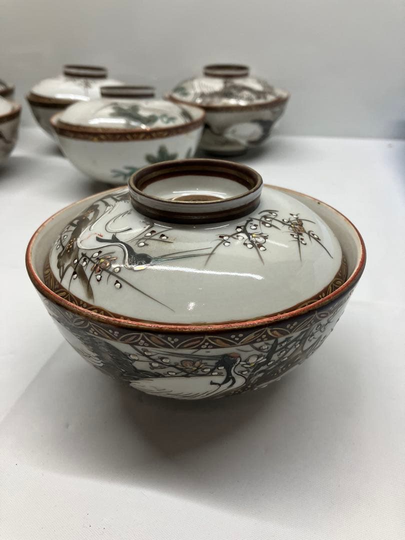 A0104)レトロ　九谷焼　鶴　お茶碗　蓋付き　7客セット