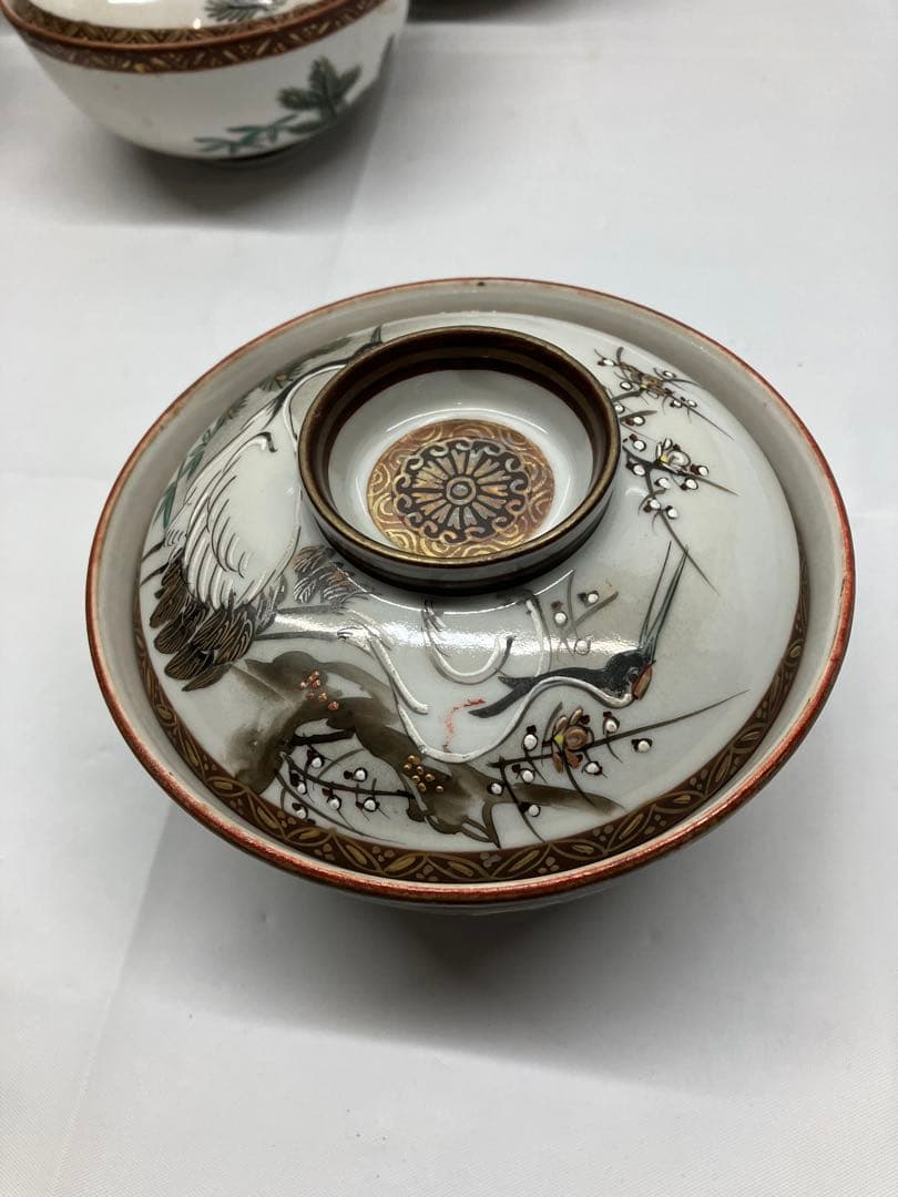 A0104)レトロ　九谷焼　鶴　お茶碗　蓋付き　7客セット