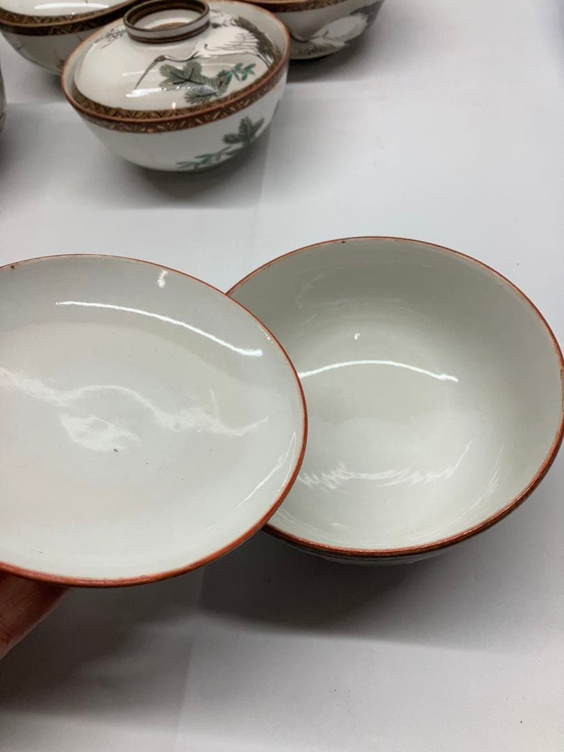 A0104)レトロ　九谷焼　鶴　お茶碗　蓋付き　7客セット