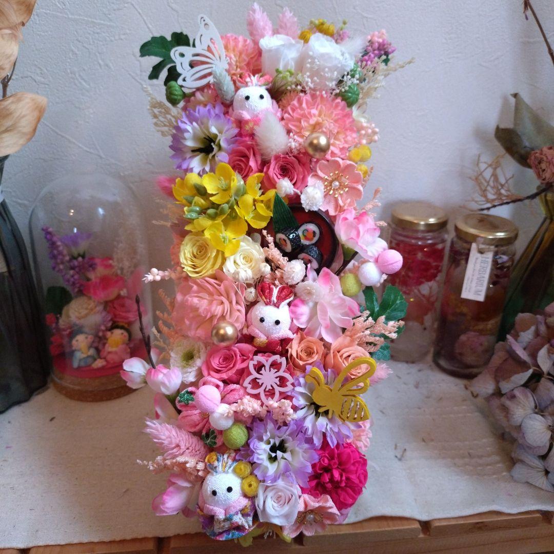 予約済み✦新作✦春爛漫皆でお花見・うさぎさん3姉妹…ブリザーブドアレンジ