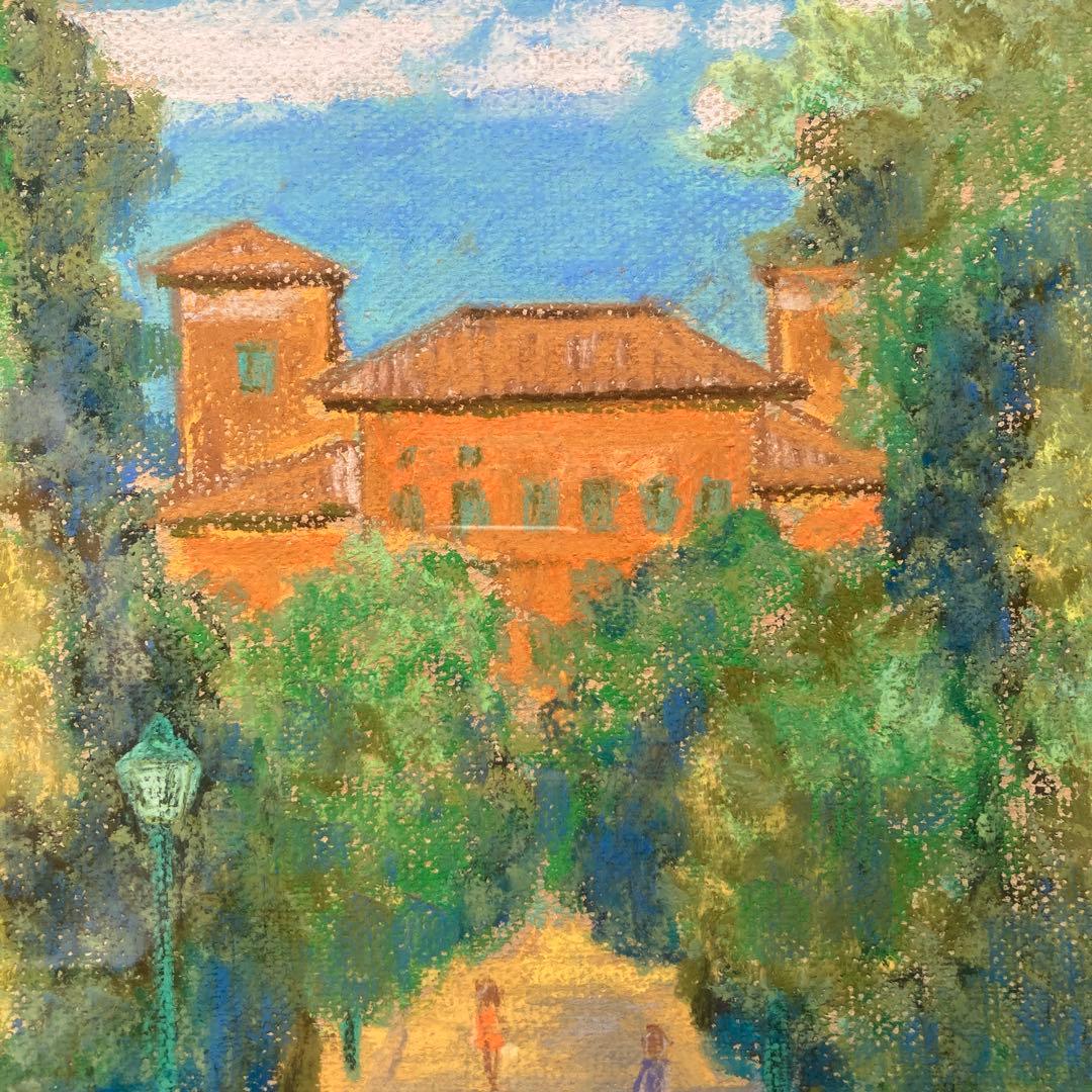 石川響 「ローマ　ボルゲーゼ公園」額縁約52×43パステル画約33×24cm