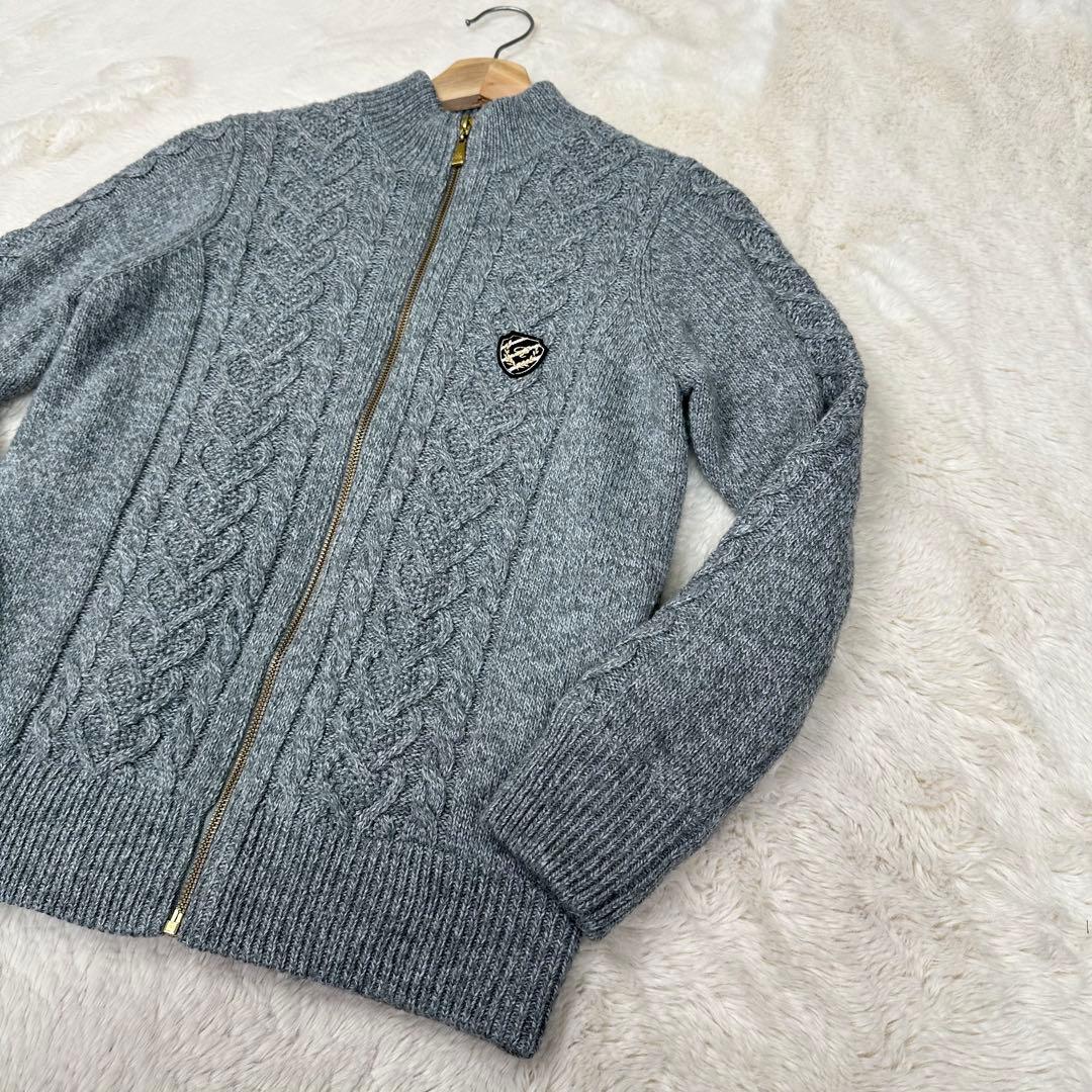 ✨美品✨ジュンアンドロペ 防風裏地付 ケーブルニット ジップブルゾン グレー M