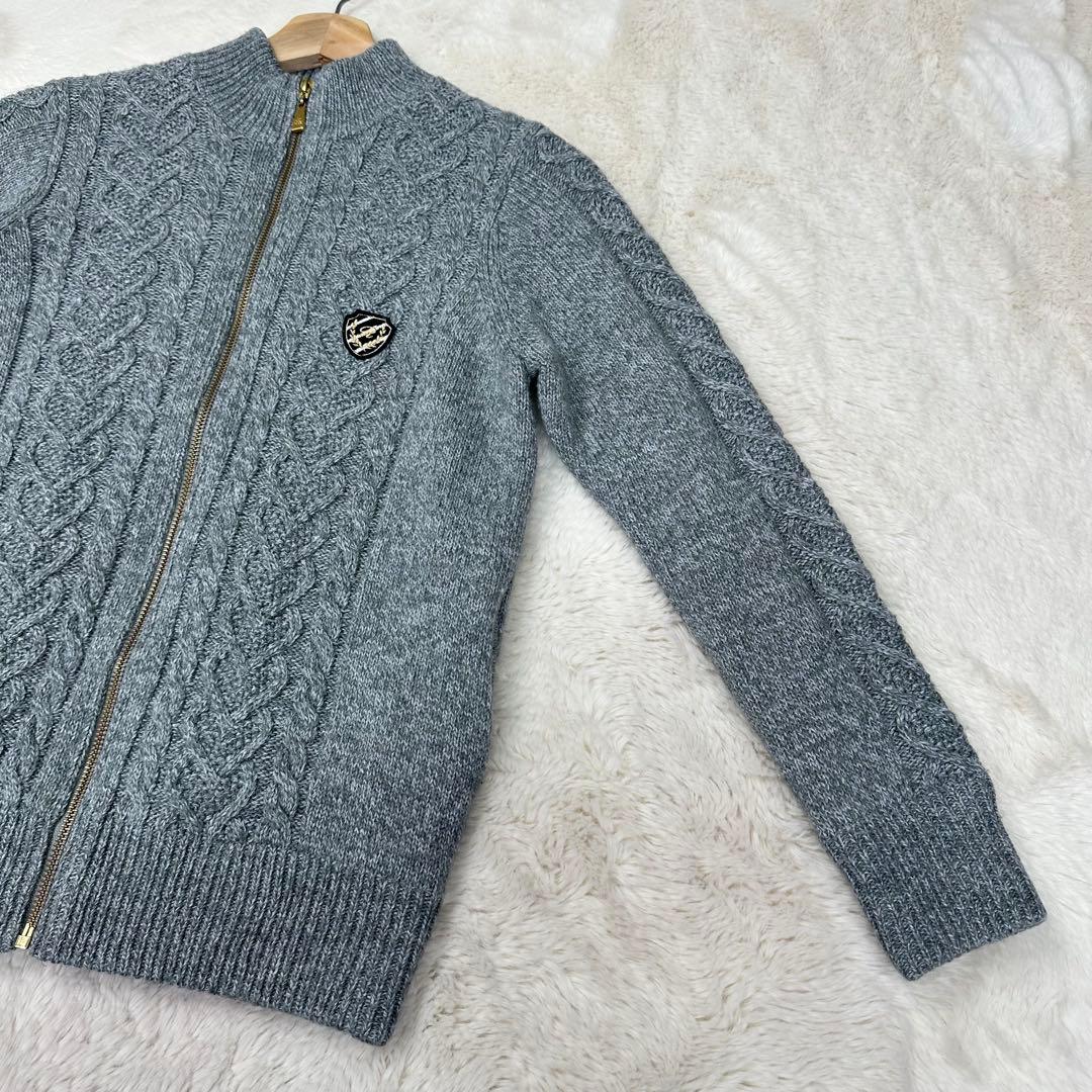 ✨美品✨ジュンアンドロペ 防風裏地付 ケーブルニット ジップブルゾン グレー M
