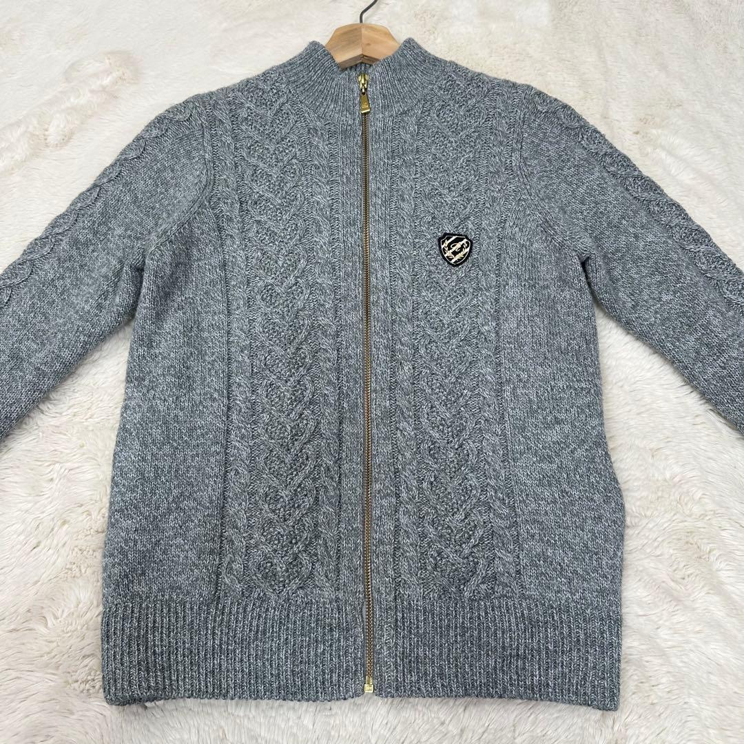 ✨美品✨ジュンアンドロペ 防風裏地付 ケーブルニット ジップブルゾン グレー M