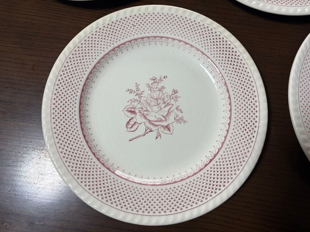 赤い花柄陶磁器皿/フランス製アンティーク食器 大皿5枚セット