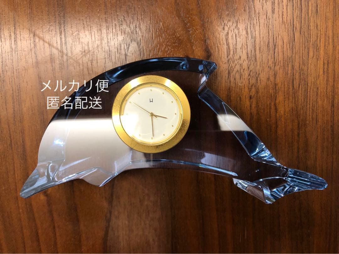 HOYA クリスタル ガラス イルカ 置時計 青ブルー 置物 レトロ 希少 レア