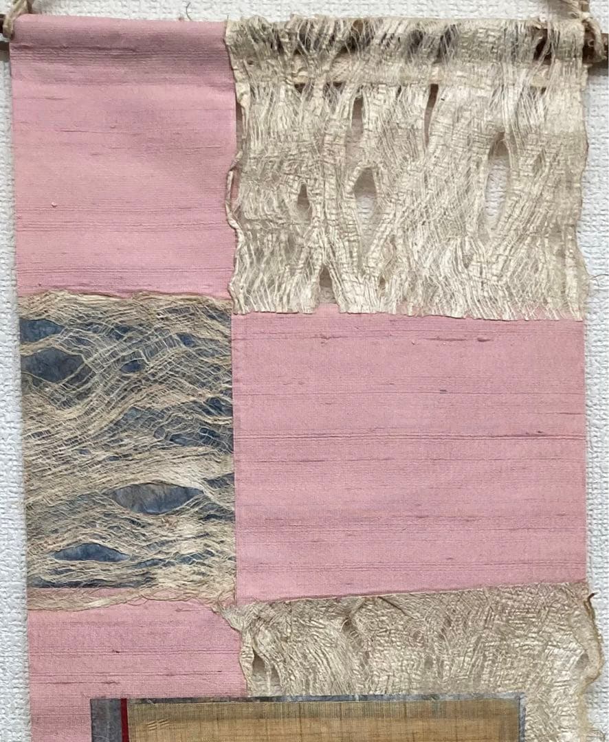 B155s  寒山拾得図  壁飾り　治海画　麻布　掛軸様式　彩墨画　布和紙表装