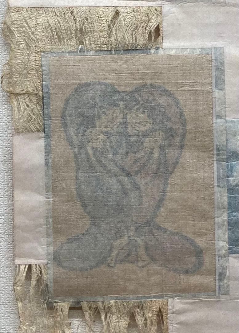 B155s  寒山拾得図  壁飾り　治海画　麻布　掛軸様式　彩墨画　布和紙表装