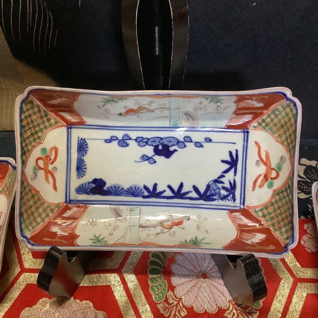 古伊万里　絵皿　金欄色絵　長方皿　5客　幕末　輪島塗・大聖寺・九谷・李朝好きにも