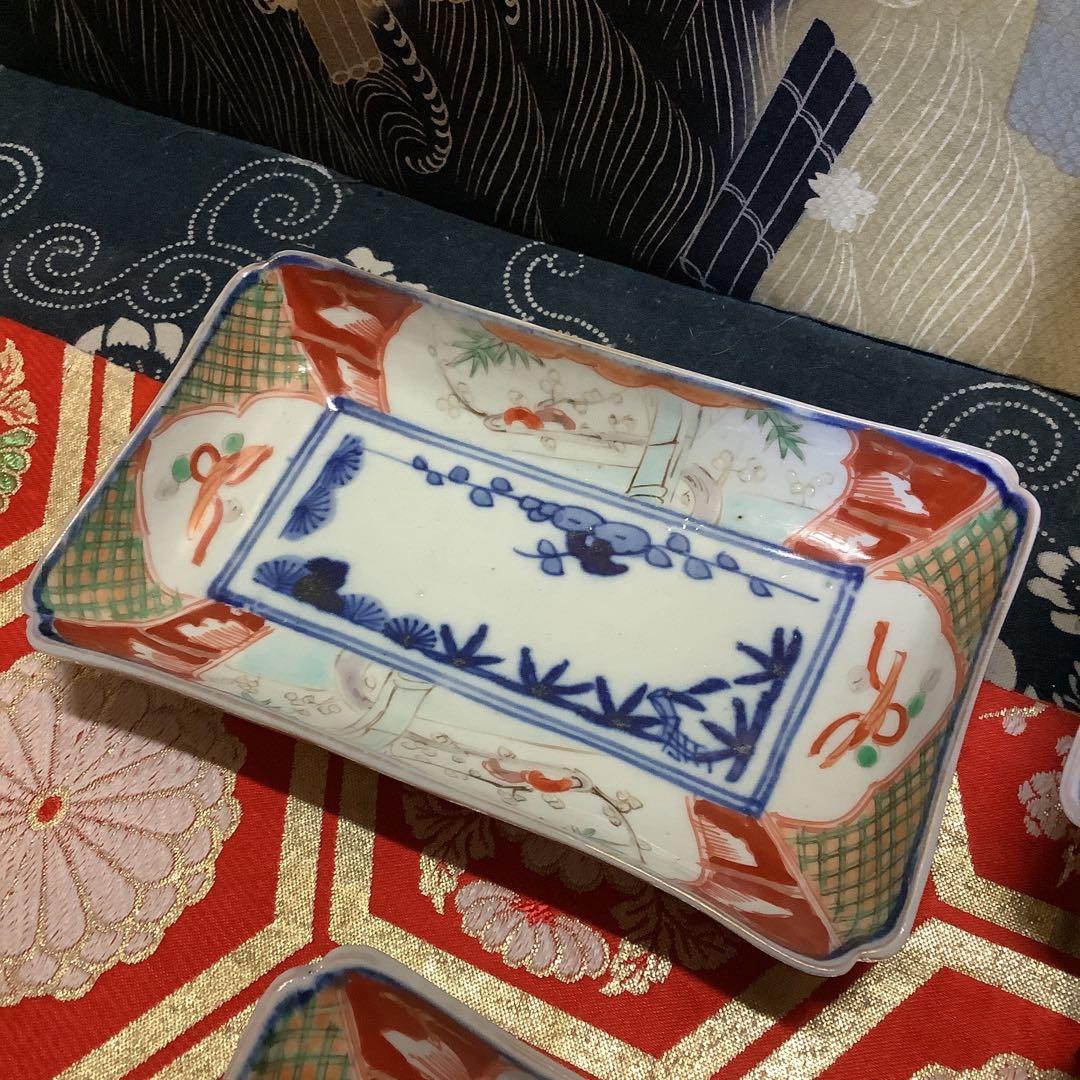 古伊万里　絵皿　金欄色絵　長方皿　5客　幕末　輪島塗・大聖寺・九谷・李朝好きにも