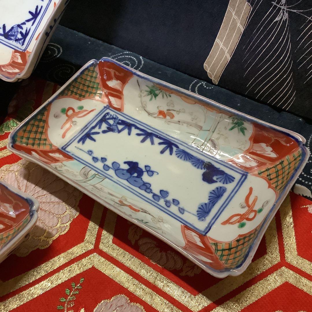 古伊万里　絵皿　金欄色絵　長方皿　5客　幕末　輪島塗・大聖寺・九谷・李朝好きにも