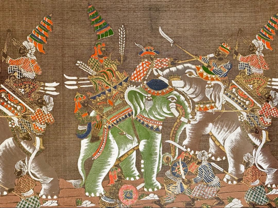 東南アジア風 戦象行軍図 手描き原画 民族モチーフ 装飾画 額装 #175-1