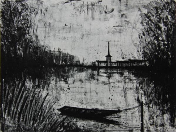 ベルナール・ビュッフェ 、池の小舟、画集画、額付