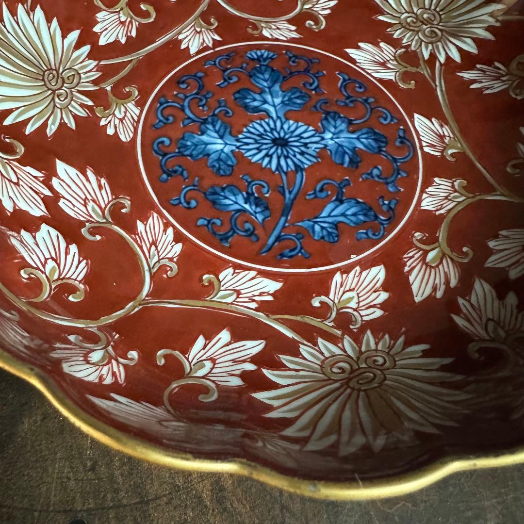 美しい色絵 金彩 花唐草絵付 輪花皿 源右衛門 有田焼 明治期