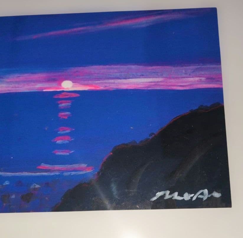 夕日 油彩画 木製フレーム付き 「93年伊豆の夕日」夏　小版。