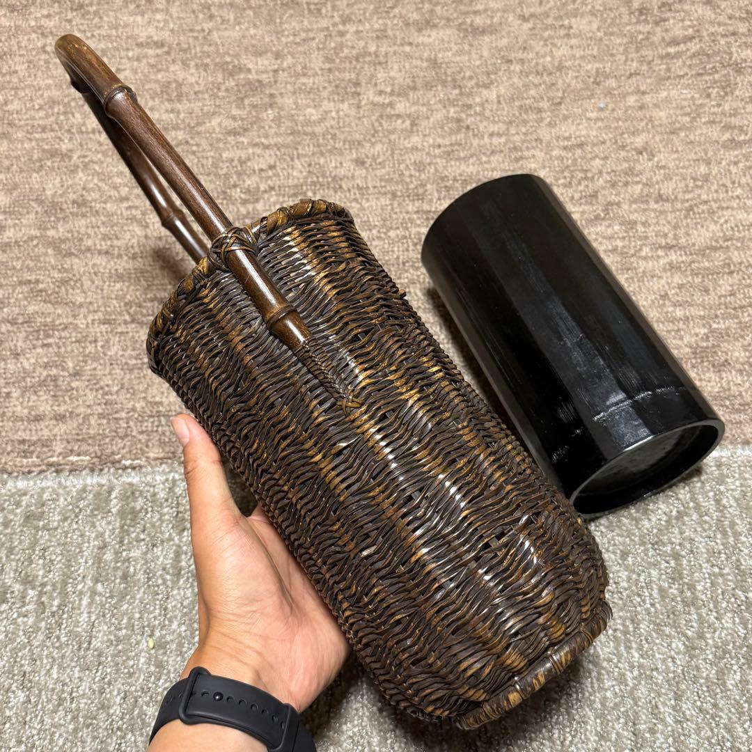 職人手作り 竹 花入 籠 竹職人 毛利健一 （号 有彩）作 竹編み竹工芸 花器