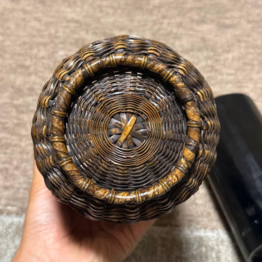 職人手作り 竹 花入 籠 竹職人 毛利健一 （号 有彩）作 竹編み竹工芸 花器