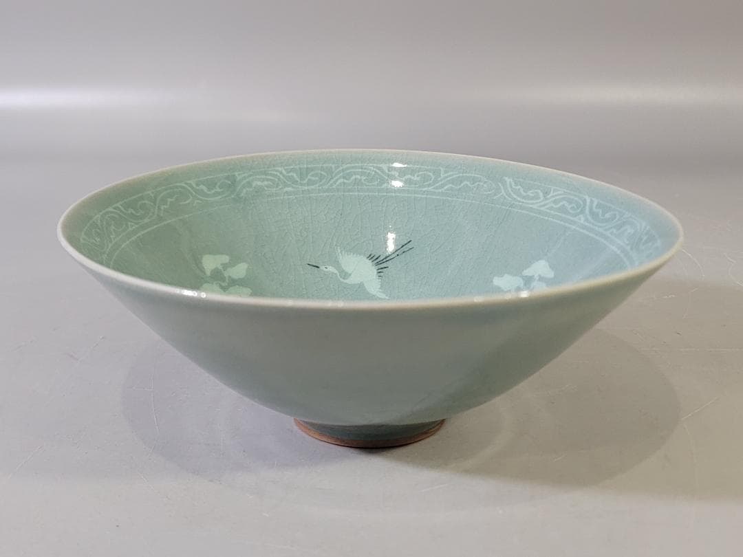 高麗 青磁 雲鶴 茶碗 美品 PR034