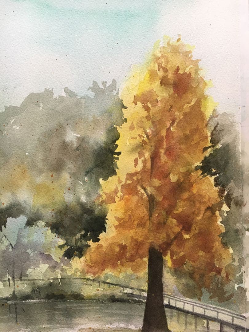 透明水彩画原画秋の風景画