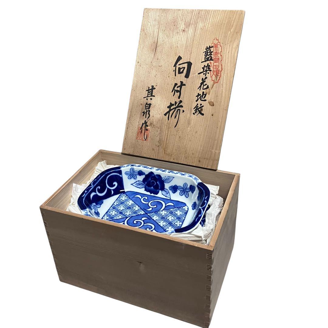 其泉窯 藍染花地紋 八角皿 5枚 箱付き 小鉢 古伊万里