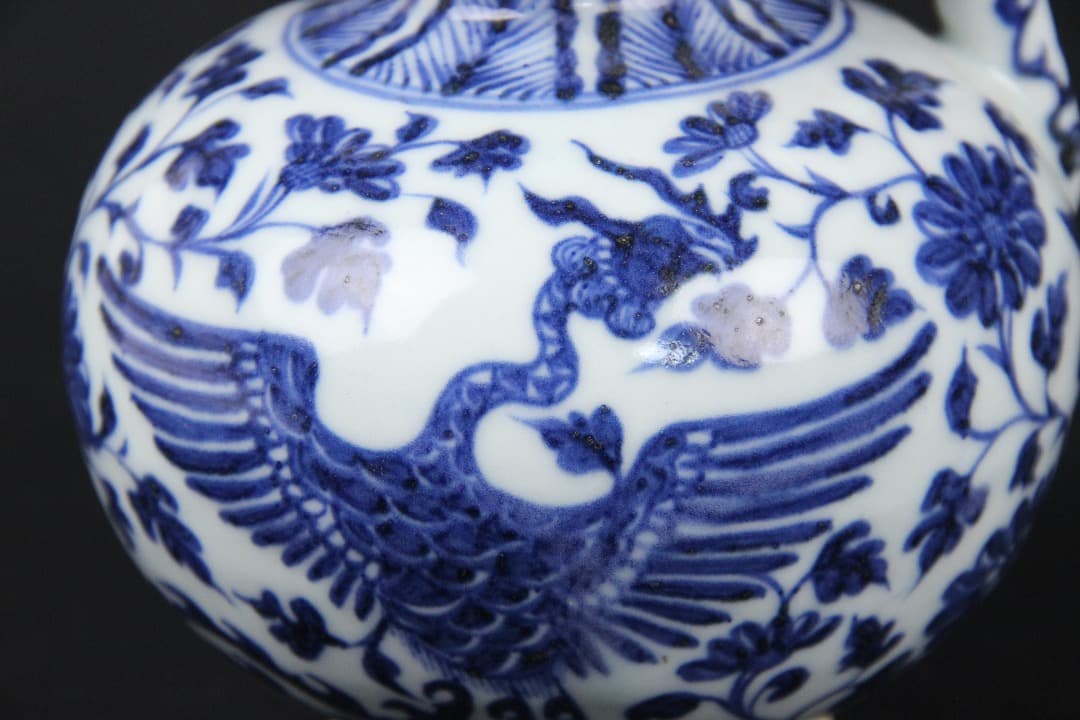 中国美術　青花　鳳凰花卉文　執壺　景徳鎮　明　中国古陶磁　時代物 EOM21-4