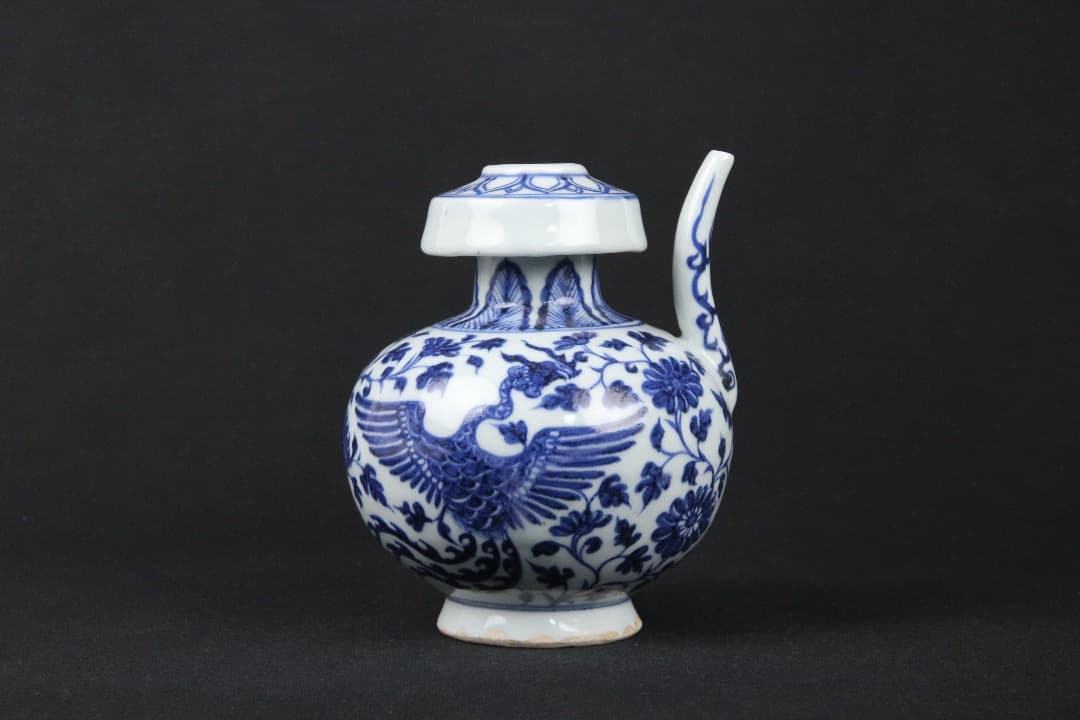 中国美術　青花　鳳凰花卉文　執壺　景徳鎮　明　中国古陶磁　時代物 EOM21-4